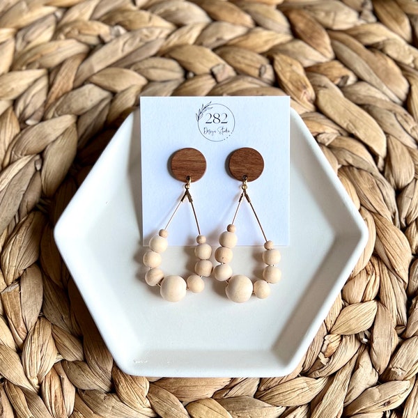 Beaded teardrop earrings, wood bead earrings, natural wood beaded earrings, dangle earrings, boho earrings, simple dangle earrings