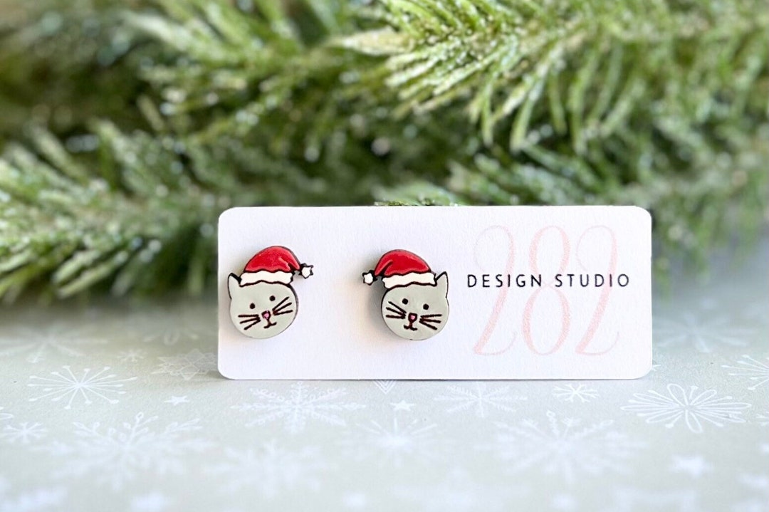 Christmas Cat Earrings, Cute Cat Stud Earrings, Cat Santa Hat Earrings