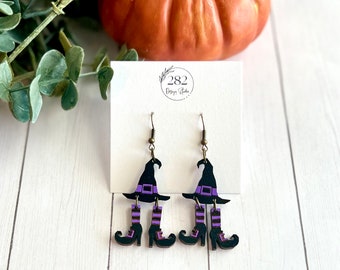 Hand Painted Witch Hat and Boots Dangle Earrings, Halloween Jewelry