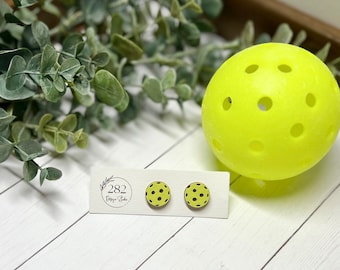 Pickleball Stud Earrings, Pickleball Gifts, Sports Earrings, Hand Painted Wood Earrings, Wood Cabochon Earrings, Pickleball Accessories