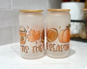 Fall Glass Tumbler, Glass Beer Can Tumbler, Iced Coffee Glass, Tis the Season Mug, Fall Gifts, Pumpkin Football Tumbler, Gift for her