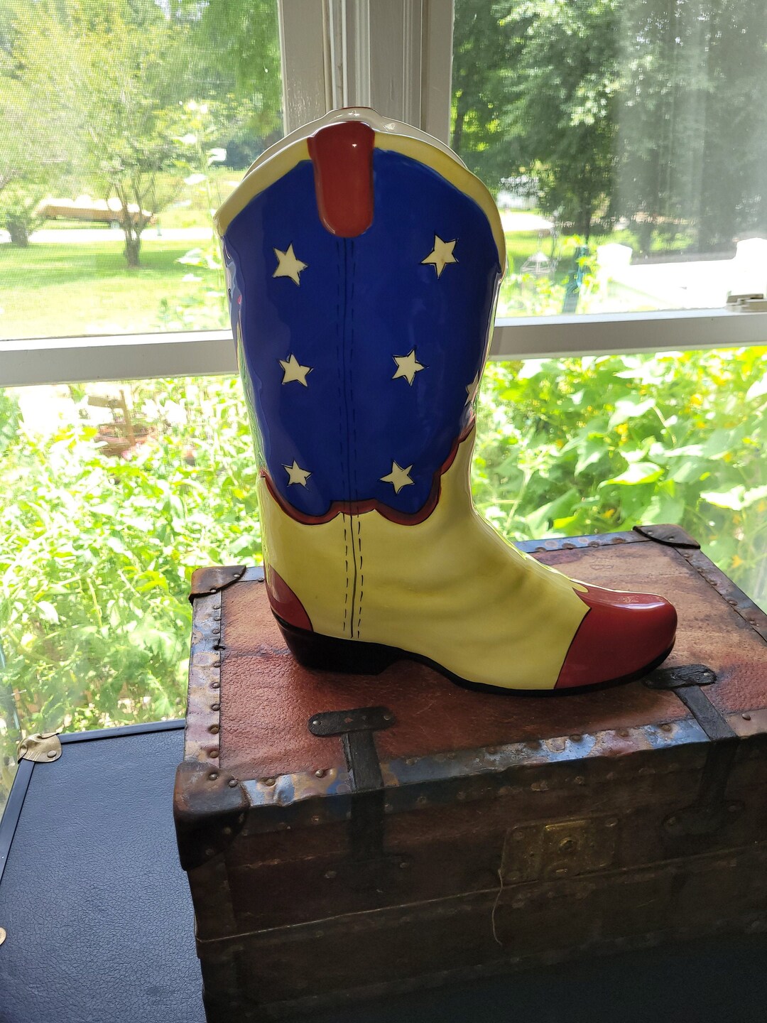 Cowboy Boot Vase, Patriotic Décor, ANNE ORMSBY seeing Stars Ceramic