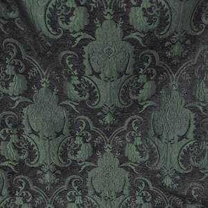 Chenille Jacquard Damask Upholstery Fabric, Black/Green, By the Yard