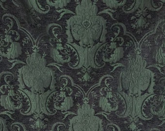 Chenille Jacquard Damask Upholstery Fabric, Black/Green, By the Yard