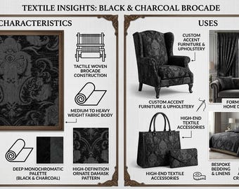 Black Chenille,  Brocade Upholstery Fabric, Baroque Damask Jacquard, 58" Wide (By the Yard)