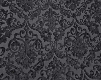 Chenille Fabric Upholstery,  Damask Burnout Chenille Velvet ,Jacquard Damask, 54" wide, color Black/Black , sold by yard in continuous yards
