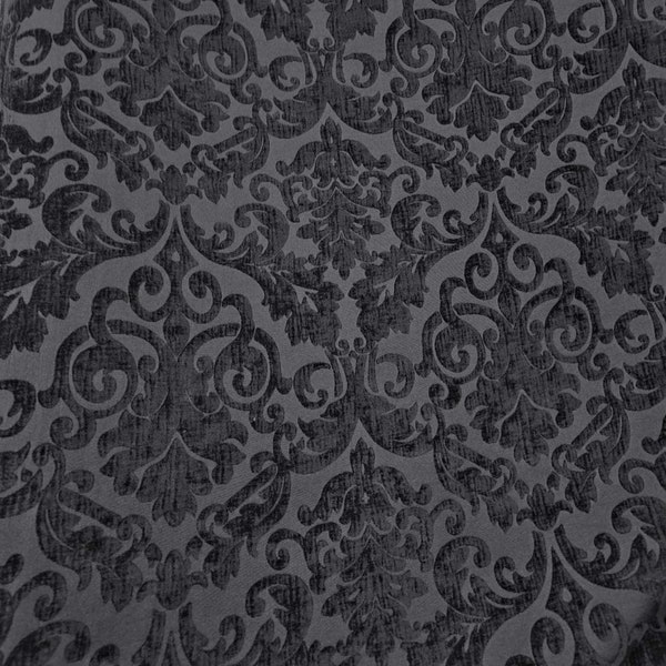 Rembourrage en tissu chenille, velours chenille damassé dévoré, damassé jacquard, 54 po. de large, couleur noir/noir, vendu par mètre en mètres continus