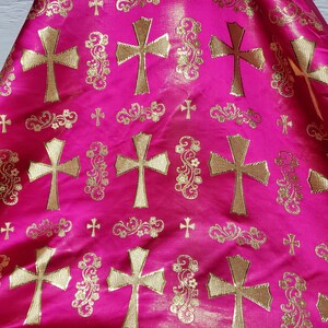 Liturgical Brocade, Fuschia, Church Gorgeous Cross Acetate Taffeta Brocade Fabric Cross Metallic Brocade 60&quot; Wide