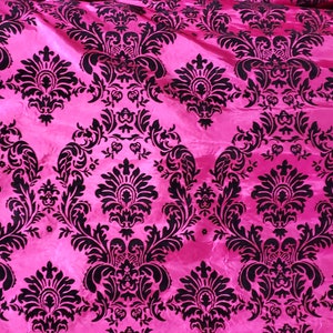 Taffeta Damask , Fuschia/ Black velvet Flocking Damask fabric per yard 60&quot; wide ,Fabric by the Yard