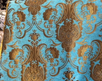 Türkis und Gold Chenille Barock Jacquard Polsterstoff, 150 cm breit, lose Ware.