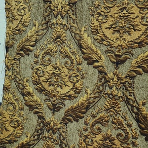 Damask tapestry chenille fabric upholstery fabric, olive green / gold 60 width sold by yard in continuous yards image 1