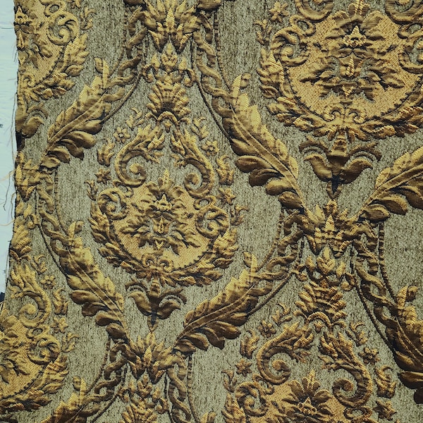 Damask tapestry chenille fabric - upholstery fabric, olive green / gold - 60" width - sold by yard in continuous yards