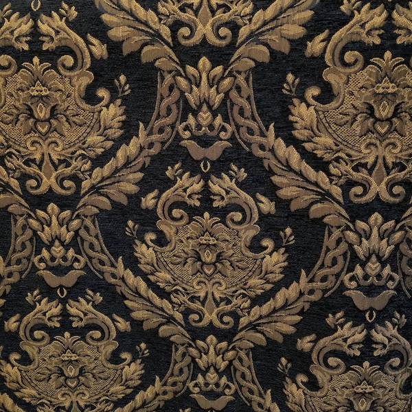 Damask tapestry chenille fabric - upholstery fabric, black/ gold - 56" width - sold by yard in continuous yards