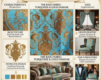 Turquoise and Gold Chenille Baroque Jacquard Upholstery Fabric, 58" Wide, By The Yard.
