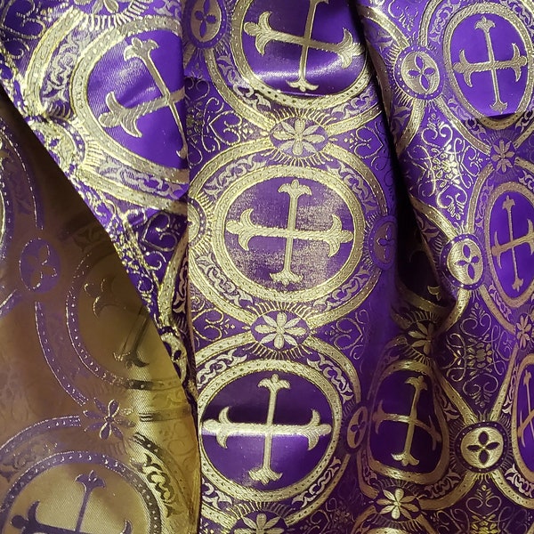 Liturgical Brocade,Church Gorgeous Cross acetatebrocade Fabric Cross Brocade Purple/Goldr 52" Wide