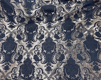 Blue Silver Baroque Jacquard Chenille Fabric, 58" Wide, Upholstery & Drapery, Sold by the Yard