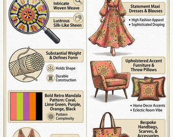 Puede incluir: Una infografía informativa titulada A COMPREHENSIVE GUIDE TO THE VIBRANT RETRO MANDALA SILK-LIKE FABRIC: CHARACTERISTICS & USES. Muestra características de la tela como tejido, brillo tipo seda y un patrón en coral, verde lima, morado, naranja y negro.