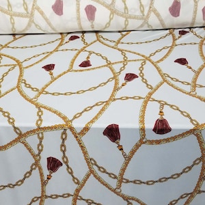 2 Way Stretch Scuba Techno, Color white/gold Chains, Belts and Ornaments burgundy, 58&quot; wide, sold by yard in continuous yards