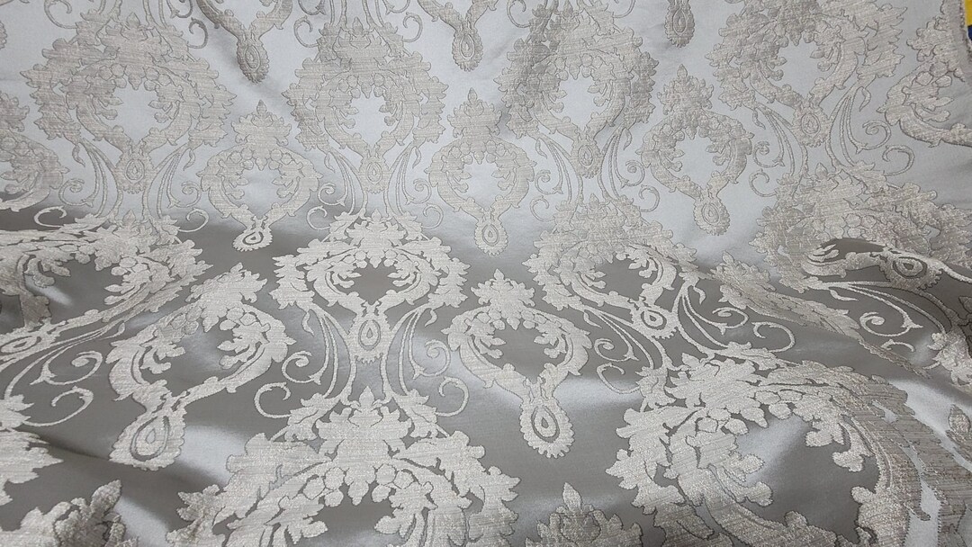Damask Satin Drapery Upholstery Fabric Silver Jacquard Brocade, Luxury Elegant Victorya Classic