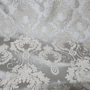 Damask Satin Drapery Upholstery Fabric - Silver Jacquard Brocade, Luxury elegant victorya Classic Fabric 60&quot; Wide,  Sold by Yard