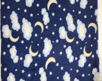 Fleece Fabric moons, stars and clouds  print ,  Fleece Polar, anti pill, By The Yard 60&quot; Wide