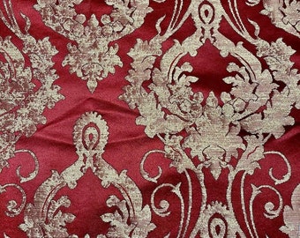 Tecido de estofamento para cortinas de cetim damasco - vermelho escuro, brocado jacquard, tecido clássico de vitória elegante e luxuoso de 60 "de largura, vendido por jarda