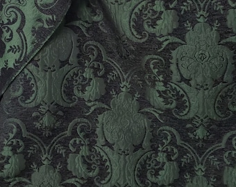 Chenille BAROQUE UPHOLSTERY Fabric Jacquard Damask, 58&quot; wide ,color Black/Green , sold by yard in continuous yards