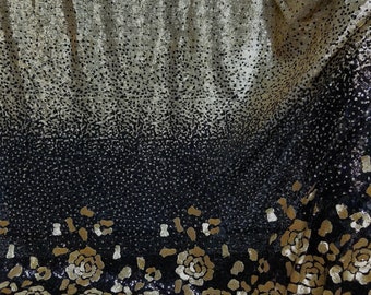 ad Sequins Fabric,  Floral Bloom Sequins Mesh 2 Ton Fabric Sequins Fabric, color light gold/black  54" Wide, Sold by Yard