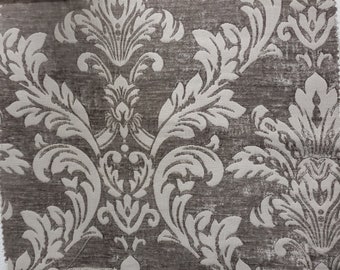 Tessuto di rivestimento in ciniglia, velluto di ciniglia bruciato damascato, damasco jacquard, larghezza 54", colore argento/argento venduto tagliato su misura in metri continui