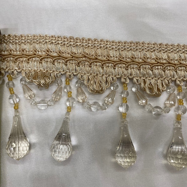 3.5” Tear Drop Beaded Trim Fringe Gimp Top Sold By The Yard Taupe / Clear Ivory Tassel Trim Fringe Fabric  for Decoration