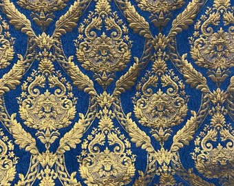 Damask chenille fabric - upholstery fabric, Blue/gold - 54" width - sold by yard