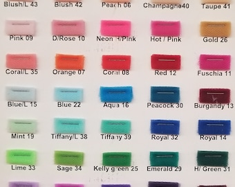 May include: A color chart of 36 different colors of tulle fabric. The colors are arranged in rows and columns, with each color labeled with a number and a name. The colors include white, off-white, ivory, yellow, blush, peach, champagne, taupe, pink, rose, neon pink, hot pink, gold, coral, orange, red, fuchsia, blue, aqua, mint, tiffany, kelly green, emerald, lime, sage, lilac, lavender, purple, raisin, silver, black, navy, and brown.