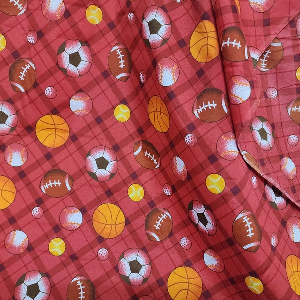 Sports - Basketball, Baseball, Football & Soccer Ball print red, polycotton fabric, 58 Inch Wide , sold Fabric by The Yard