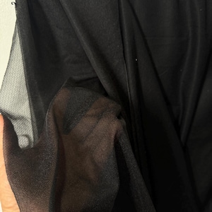 May include: Close-up of black fabric, with a sheer, mesh-like overlay. The fabric is draped, creating folds and shadows. The texture of the material is visible, with a contrast between the opaque and translucent sections. The image highlights the interplay of light and shadow.