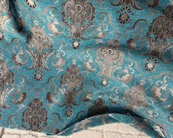 Chenille BAROQUE UPHOLSTERY Fabric Jacquard Damask, 58" wide ,color Turquoise silver, sold by yard in continuous yards