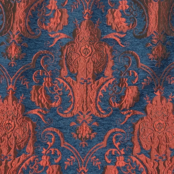 Chenille BAROQUE UPHOLSTERY Fabric Jacquard Damask, 58" wide ,color Blue/Red sold by yard in continuous yards