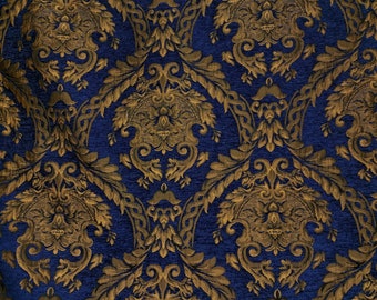 Damast Chenille Gobelin - Möbelbezugsstoff, Blau/ Gold - 145 cm Breite - wird lose geliefert, Meterware weise