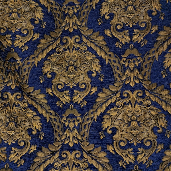 Tissu chenille de tapisserie damassé - tissu d’ameublement, bleu/or - largeur de 56 po - vendu par cour en verges continues
