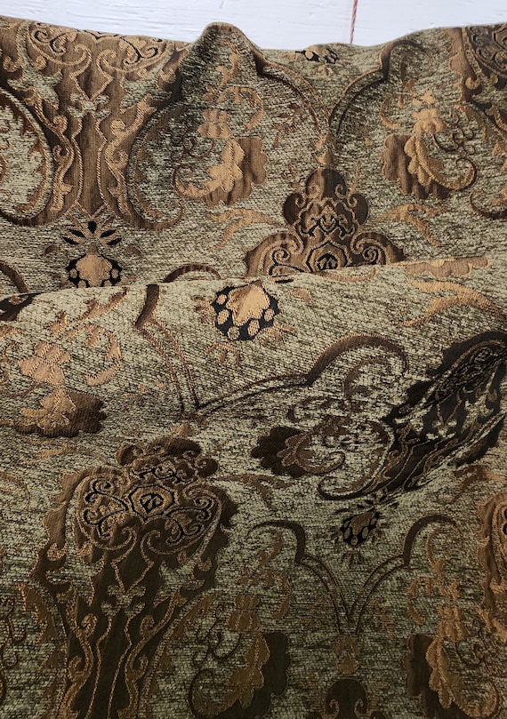 Sage Green Baroque Chenille Upholstery Fabric, Jacquard Damask, 58" Wide, By The Yard