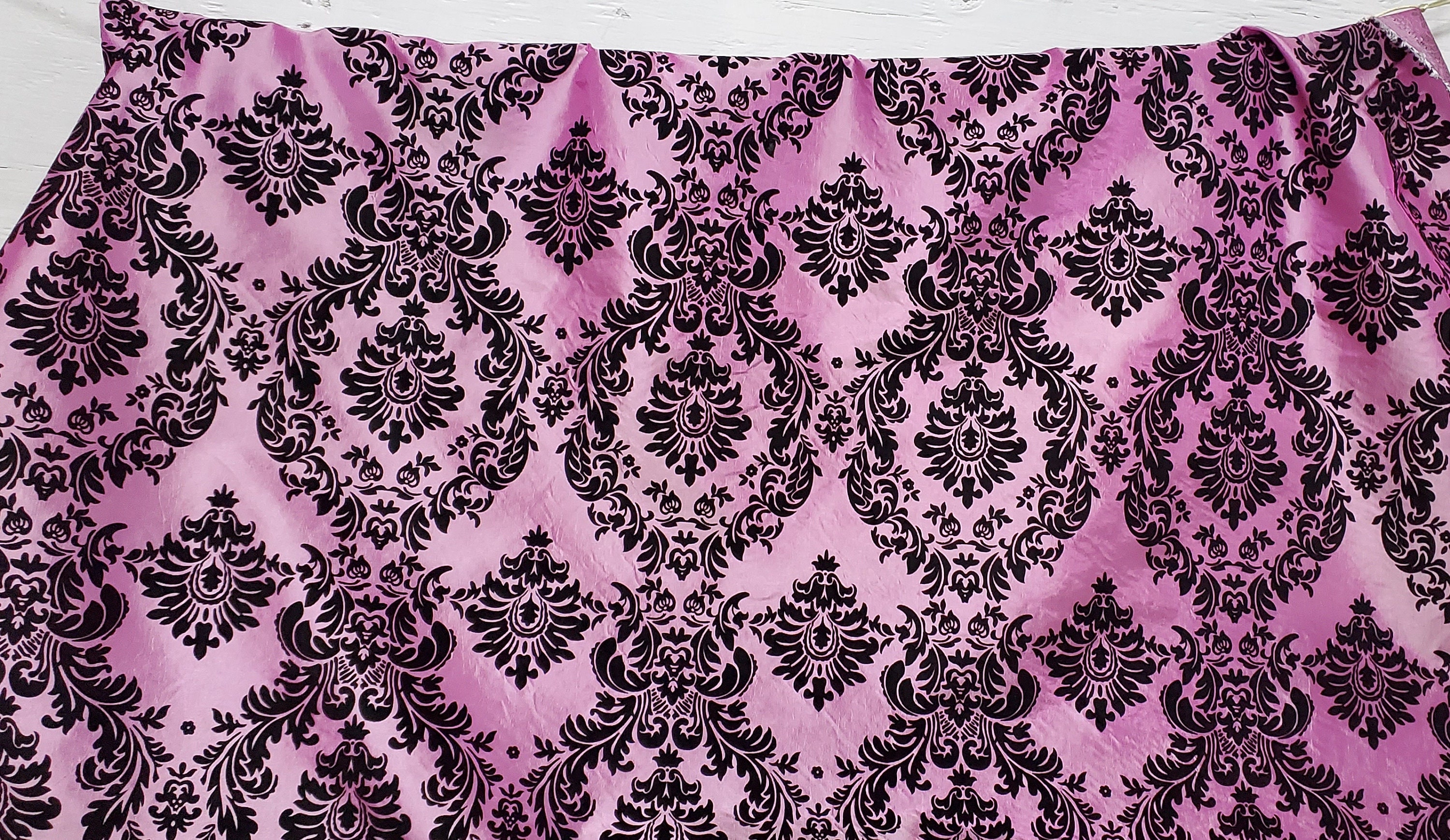 Taffeta Damask , Pale Rose/ Black velvet Flocking Damask fabric per yard 60" wide ,Fabric by the Yard