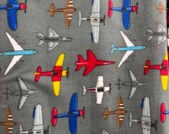 Gray Fleece Fabric, Allover Flying Airplanes Print, Anti-Pill Polyester By Yard