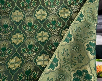 Liturgical Brocade,Church Gorgeous Cross acetate brocade Fabric Cross Brocade Green/ Gold 58" Wide