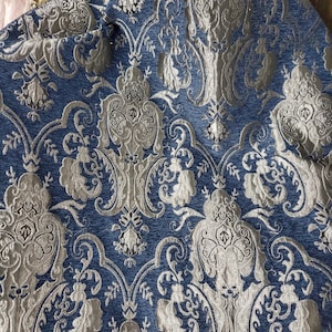Chenille BAROQUE UPHOLSTERY Fabric Jacquard Damask, 58&quot; wide ,color Blue/silver, sold by yard in continuous yards