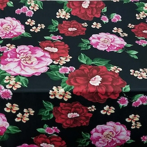 Spandex fabric with a big floral print 58&#39;&#39; by the yard. flame, 58&quot; wide, sold by yard