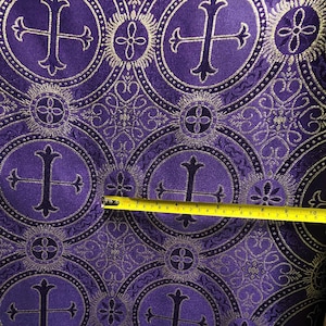 Metallic Brocade Fabric Purple Gold By the Yard Liturgical Religious Vestments,Church Gorgeous Cross ,7&quot; Round Cross Medallion Holiday