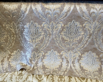Tecido para cortinas e estofados em cetim damasco - Cor taupe, brocado jacquard, luxuoso e elegante, modelo Victory Classic, 152 cm de largura, vendido por jarda.