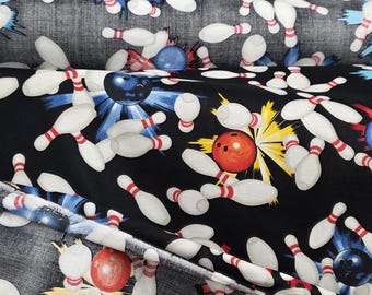 Retro Bowling Pins Balls 100% Cotton Fabric - Sports Life Collection