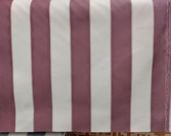 May include: Close-up of a fabric with vertical stripes in burgundy and off-white. The fabric is tightly woven, with a slight sheen. The stripes are of equal width, creating a classic, clean design. The fabric's edge is visible on the right side.
