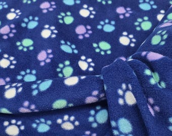 Paw Print Fleece Fabric, Blue Purple Green White, Anti-Pill By Yard