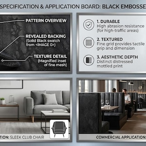 Könnte beinhalten: Polstertextil-Spezifikationstafel für schwarzes, geprägtes Hochleistungs-Vinyl. Enthält Musterübersicht, Rückseite, Texturdetails, Haltbarkeit, feine Gitterstruktur, ästhetische Tiefe und eine leicht zu reinigende Oberfläche. Zeigt einen Wohnzimmer-Clubstuhl und gewerbliche Restaurantbestuhlung.